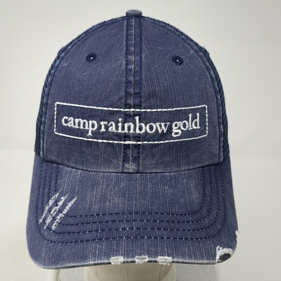 Camp Rainbow Gold Trucker Hat Blue One Size Adjustable Distressed Mesh Back - Picture 2 of 9